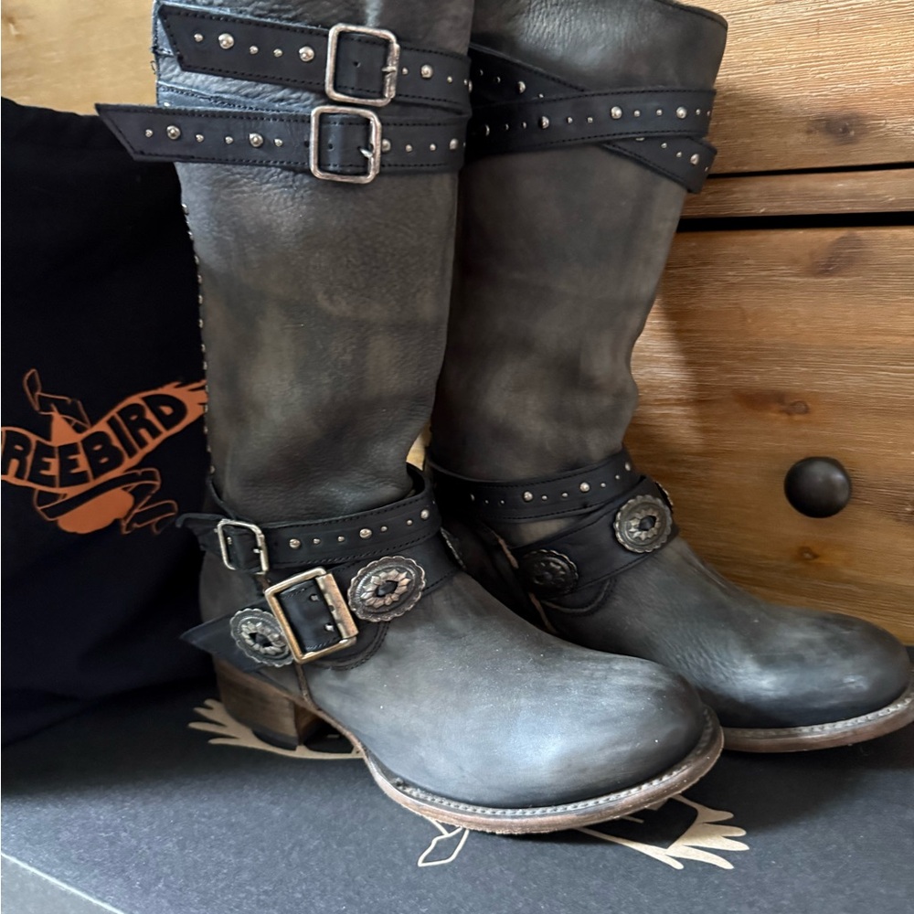 Freebird Charcoal Leather Boots with Buckle Accents